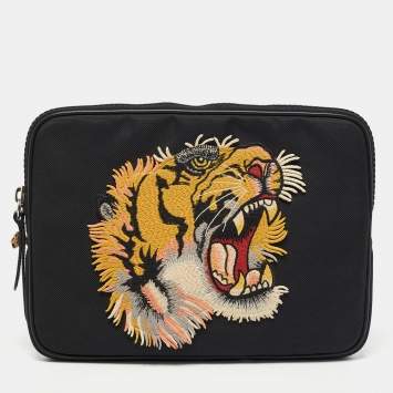 Gucci Black Nylon Tiger Patch Zip Pouch 