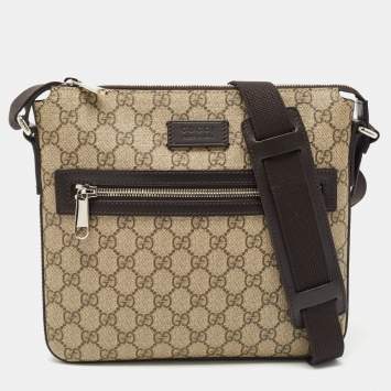 Pre Owned Gucci Dark Brown/Beige GG Supreme Canvas and Leather Messenger Bag
