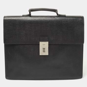Pre Owned Gucci Black Textured Leather Combination Lock Briefcase