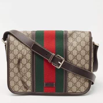 Pre Owned Gucci Beige/Ebony GG Supreme Canvas and Leather Web Messenger Bag
