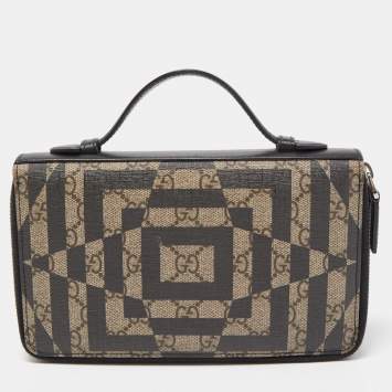 Gucci Black/Beige Printed GG Supreme and Leather Zip Around Travel Clutch