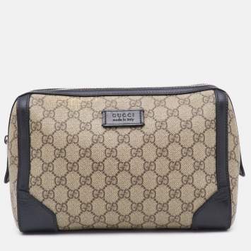 Pre Owned Gucci Beige/Black GG Supreme Canvas and Leather Zip Pouch