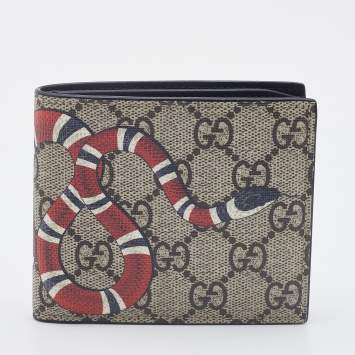 Pre Owned Gucci Beige GG Supreme Canvas Kingsnake Print Bifold Wallet