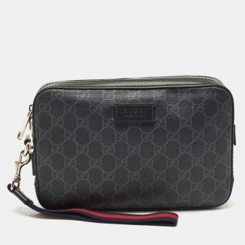Pre Owned Gucci Black/Grey GG Supreme Canvas Wristlet Pouch