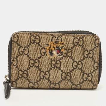 Pre Owned Gucci Beige Tiger Print GG Supreme Canvas Zip Card Case