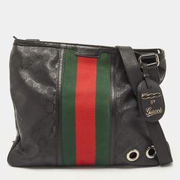 مملوكة مسبقًا Gucci Black GG Imprime Canvas Web Flat Messenger Bag