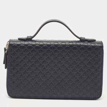 Pre Owned Gucci Navy Blue Guccissima Leather Double Zip Travel Document Pouch