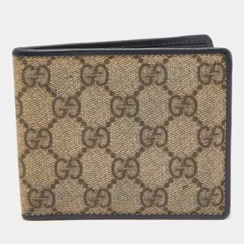 Pre Owned Gucci Beige/Black GG Supreme Canvas and Leather Bifold Wallet