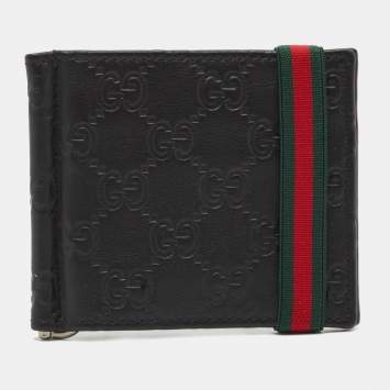 Pre Owned Gucci Black Guccissima Leather Web Money Clip Bi-Fold Wallet