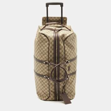 Pre Owned Gucci Dark Brown/Beige GG Supreme Canvas 2 Wheel Duffle Luggage Bag