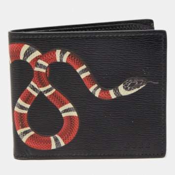 Pre Owned Gucci Black Leather Kingsnake Print Bifold Wallet