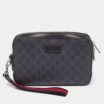 Gucci Black/Grey GG Supreme Canvas and Leather Wristlet Pouch