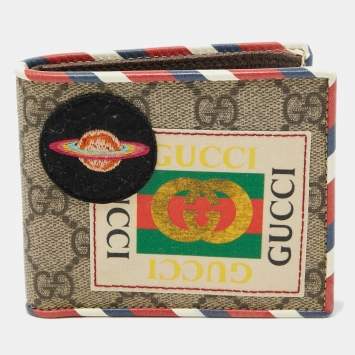 Pre Owned  Gucci Beige GG Supreme Canvas Logo and Planet Patch Bifold Wallet