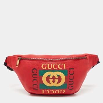Pre Owned Gucci Red Leather Logo Web Belt Bag