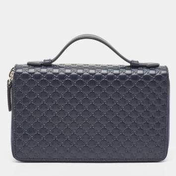 Pre Owned Gucci Navy Blue Microguccissima Leather Zip Around Travel Wallet