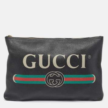 Pre Owned Gucci Black Logo Web Zip Pouch