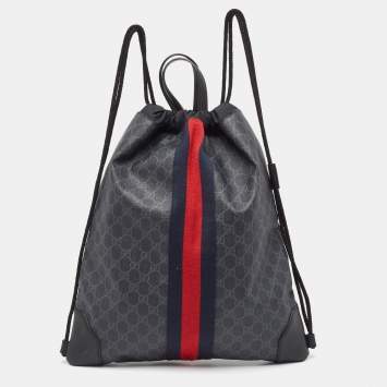 Pre Owned Gucci Black GG Supreme Canvas and Leather Drawstring Backpack