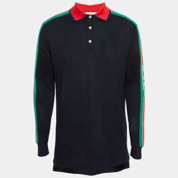 Gucci Black Side Stripe Cotton Pique Long Sleeve Polo T-Shirt M
