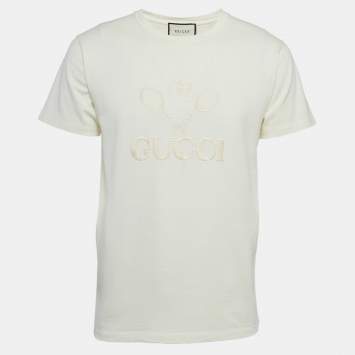 Pre Owned Gucci Cream Tennis Logo Embroidered Cotton Oversized T-Shirt XS