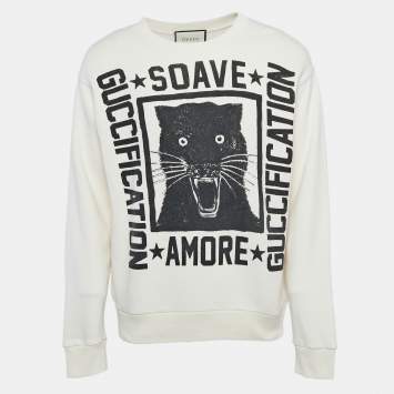 Pre Owned Gucci Cream Printed & Distressed Cotton Knit Sweatshirt S