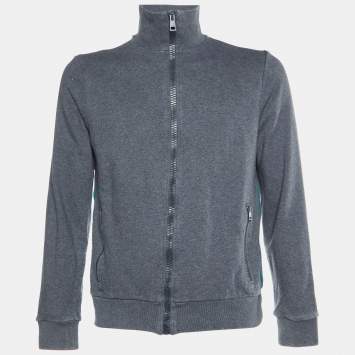 Pre Owned Gucci Grey Cotton Knit Zip-Up Contrast Trimmed Jacket L