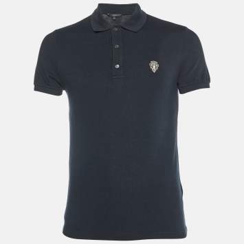 Pre Owned Gucci Black Embroidered Cotton Knit Skinny Fit Polo T-Shirt L