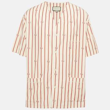 Pre Owned Gucci Cream GG Striped Cotton Bowling Shirt XXL