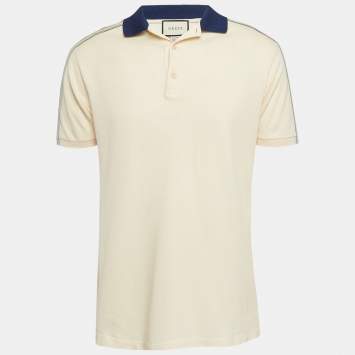 Pre Owned Gucci Cream Interlock GG Stripe Cotton Polo T-Shirt M