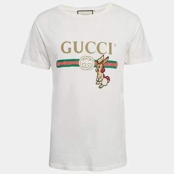 Pre Owned Gucci Off-White Logo Print Cotton Knit Rabbit Patch Detail T-Shirt XS