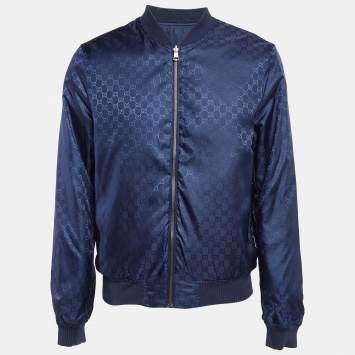 Pre Owned Gucci Navy Blue Synthetic Monogram Reversible Bomber Jacket L