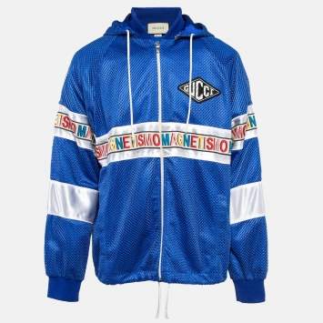 Pre Owned Gucci Blue Mesh Magnetismo Tape Detail Hooded Jacket XL