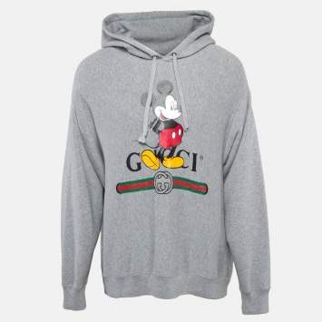 Pre Owned Gucci X Disney Grey Mickey Mouse Print Cotton Knit Hoodie L