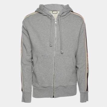 Pre Owned Gucci Grey Cotton Jersey Logo Web Trimming Zip-Up Hoodie S