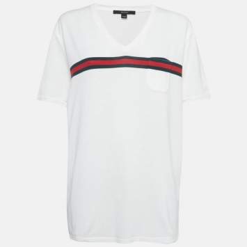 مملوكة مسبقًا Gucci White Logo Stripe Jersey V-Neck T-Shirt XXXL