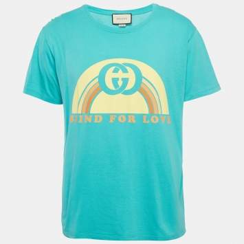 Gucci Aqua Green Cotton Blind For Love Print Crew Neck T-Shirt L