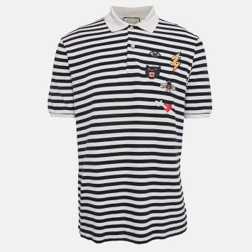 Gucci Navy Blue/White Striped Pique Cotton Polo T-Shirt XL