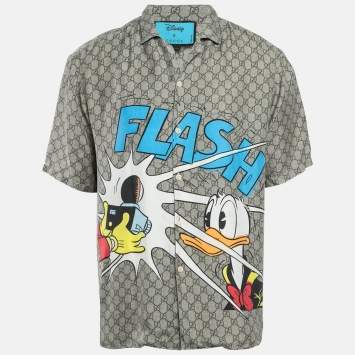 مملوكة مسبقًا Gucci X Disney Brown GG Donald Duck 'Flash' Print  Silk Shirt M