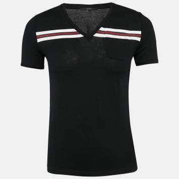 Pre Owned Gucci Black Web Cotton Knit V-Neck T-Shirt S