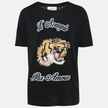 Pre Owned Gucci Black Tiger Patch Cotton Round Neck T-Shirt L