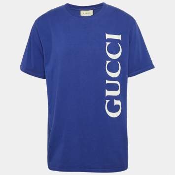 Pre Owned Gucci Blue Logo Print Cotton Oversize T-Shirt L