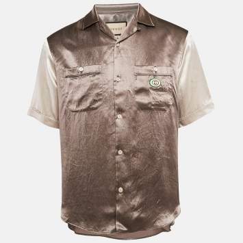 Gucci Brown Logo Applique Satin Hawaii Bowling Shirt S