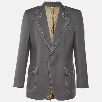 Pre Owned Gucci Grey Gabardine Studded Single Breasted Blazer XL