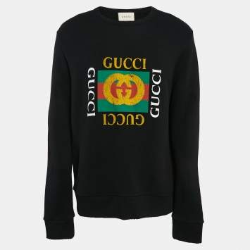 مملوكة مسبقًا Gucci Black Logo Print Cotton Distressed Sweatshirt L