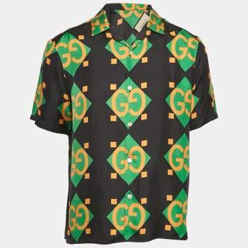 Gucci Black Geometric Logo Print Silk Short Sleeve Shirt XS