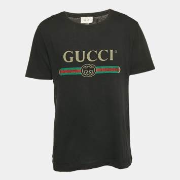 Pre Owned Gucci Black Cotton Vintage Logo Print Jersey Crew Neck T-Shirt M