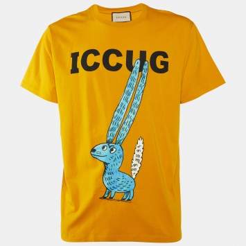 Pre Owned Gucci Yellow Iccug Animal Print Cotton Crew Neck T-Shirt L