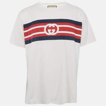 Pre Owned Gucci White Logo Print Jersey Crew Neck T-Shirt S