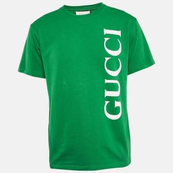 Pre Owned Gucci Green Cotton Logo Print Jersey T-Shirt S