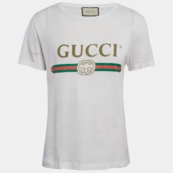 Gucci White Logo Print Cotton Round Neck T-Shirt XS