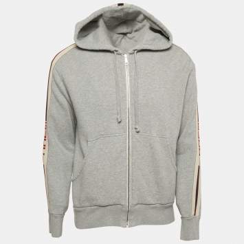 Pre Owned Gucci Grey Cotton Knit Contrast Trim Detail Hooded Zip-Up Sweatshirt M